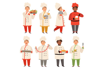 Cook characters. Chef at kitchen cooking various tasty food funny cart