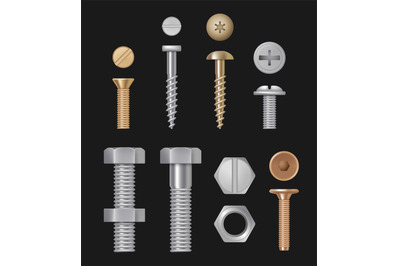 Metallic bolts and screws. Construction hardware silver repair tools.