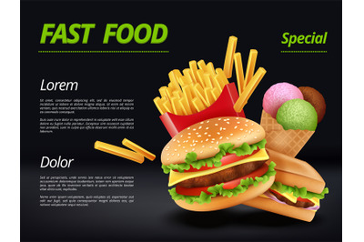 Fast food poster. Burger ingredients beef tomato cheese sandwich meal