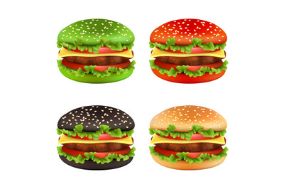 Colored burgers. Fast food black cheeseburger bread of different color