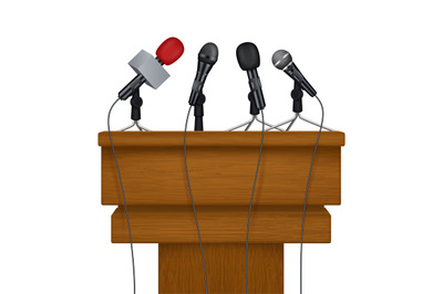 Press conference stage. Meeting news media microphones vector realisti