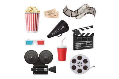 Movie 3d icons. Camera cinema stereo glasses popcorn clapper and megap