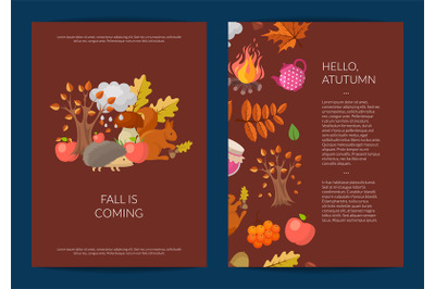 Vector cartoon autumn elements and leaves card or flyer template illus