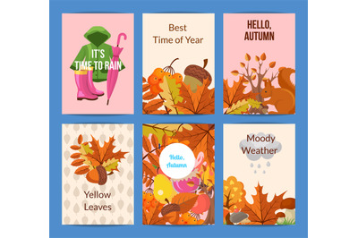 Vector cartoon autumn elements and leaves card or flyer template illus