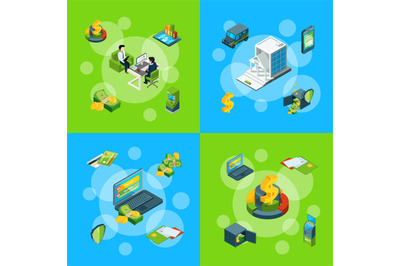 Vector isometric money flow in bank icons infographic concept set illu