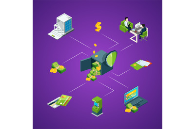 Vector isometric money flow in bank icons infographic concept illustra