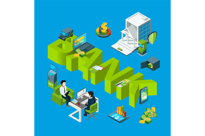 Vector isometric money flow in bank icons infographic concept illustra