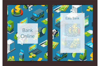 Vector isometric money flow in bank icons card