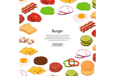 Vector isometric burger ingredients background. Banner and poster