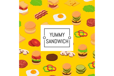 Isometric burger ingredients background and colored pattern