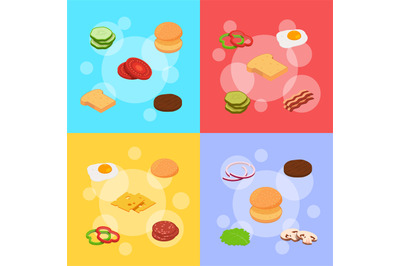 Vector isometric burger ingredients infographic concept illustration