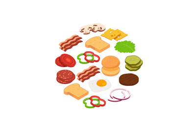 Vector isometric burger ingredients in circle illustration