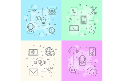 Vector line call support center icons infographic concept illustration