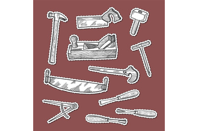 Vector hand drawn carpentry elements stickers set illustration