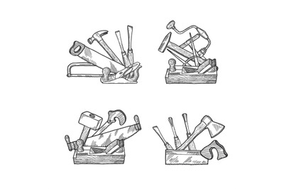 Vector hand drawn woodwork tools set