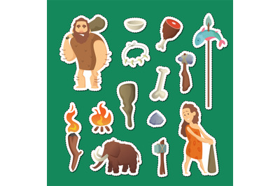 Cave people elements. Vector cartoon cavemen stickers set illustration