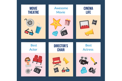 Vector flat cinema icons card set illustration