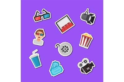 Vector flat cinema icons stickers set illustration