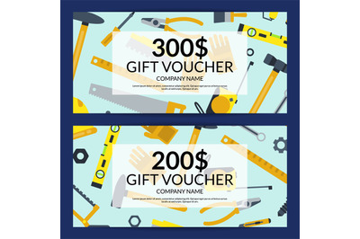 Vector flat construction tools discount or gift voucher templates illu