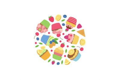 Vector cute cartoon muffins or cupcakes in circle shape illustration