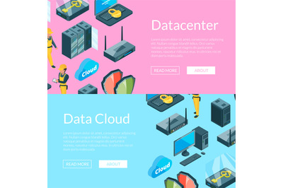 Vector electronic system of data center icons web banner templates ill