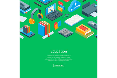 Vector isometric online education icons background