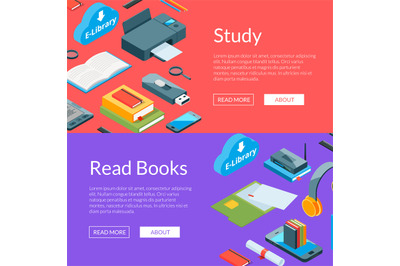 Vector isometric online education icons web banner templates illustrat