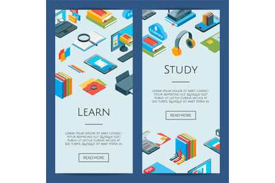 Vector isometric online education icons. 3d studying banners