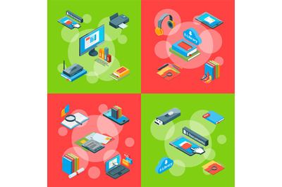 Vector isometric online education icons infographic concept illustrati