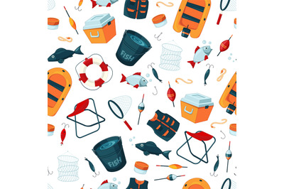 Vector pattern or background illustration with cartoon fishing equipme