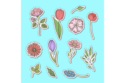 Vector hand drawn flowers stickers set illustration