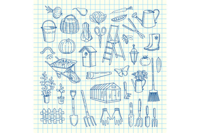 Vector gardening doodle icons on cell sheet illustration