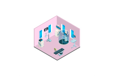 Vector isometric hospital interior with furniture and medical equipmen