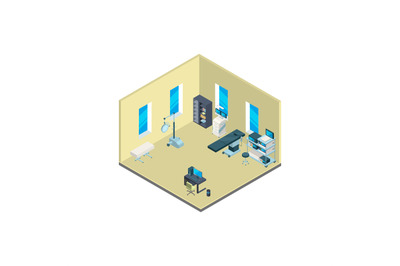 Vector isometric hospital interior with furniture and medical equipmen