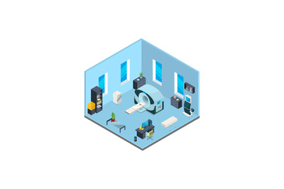 Vector isometric hospital interior with furniture and medical equipmen