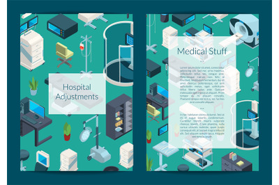 Vector isometric hospital icons card or flyer template illustration