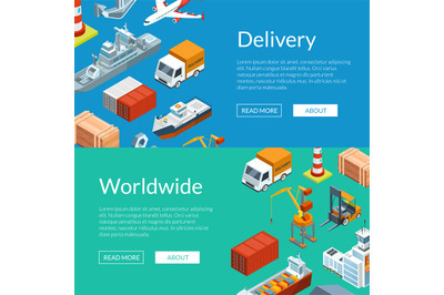 Vector isometric marine logistics and seaport web banner templates ill