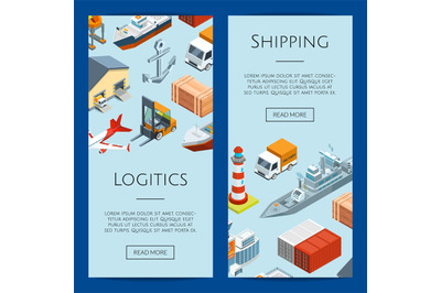 Vector isometric marine logistics and seaport web banner templates ill