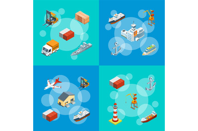 Vector isometric marine logistics and seaport set illustration