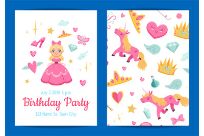 Vector magic and fairytale birthday party invitation illustration