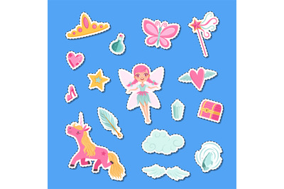 Vector cute cartoon magic and fairytale elements stickers set illustra