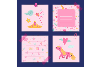 Vector cartoon magic and fairytale notes template set