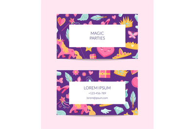 Vector cute cartoon magic and fairytale business card template