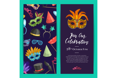 Vector party invitation template with masks and party accessories