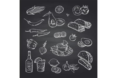 Vector sketched mexican food elements set on black chalkboard