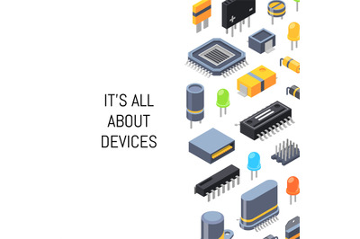 Vector isometric microchips and electronic parts icons illustration