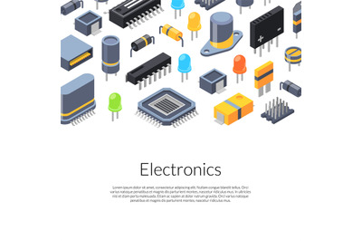 Vector isometric microchips and electronic parts icons illustration