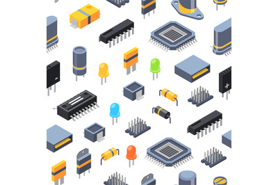 Vector isometric microchips and electronic parts icons pattern or back