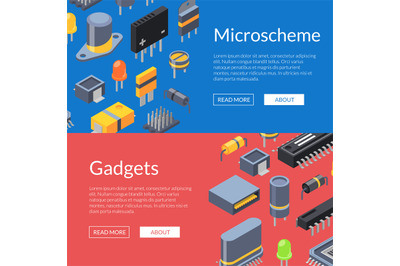 Vector isometric microchips and electronic parts icons