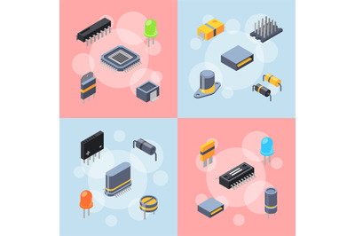 Vector isometric microchips and electronic parts icons infographic con